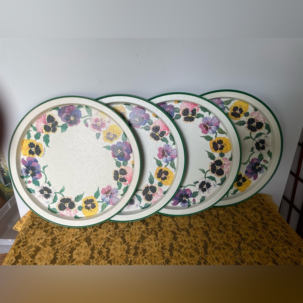 Set of 4 Vintage "Pretty Pansies"  Round Metal Trays